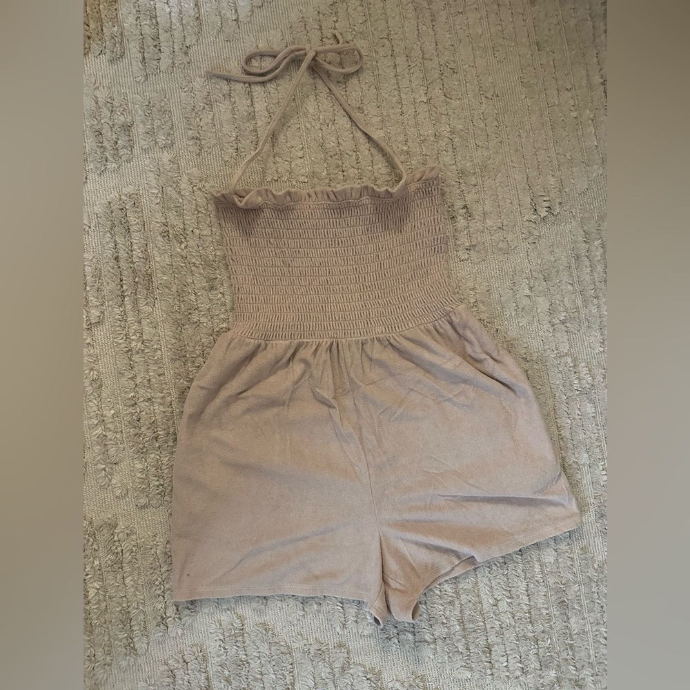 Tan Terry Cloth Halter Romper. Size Large.